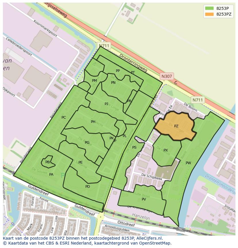 Afbeelding van het postcodegebied 8253 PZ op de kaart.