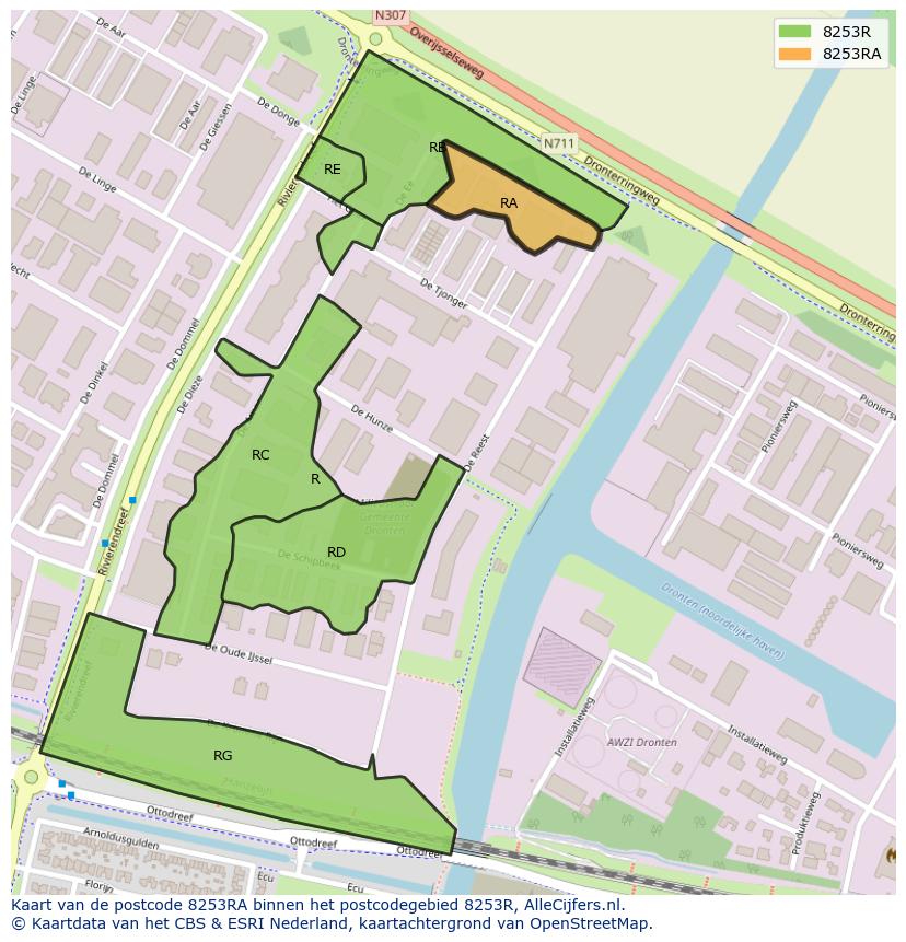 Afbeelding van het postcodegebied 8253 RA op de kaart.