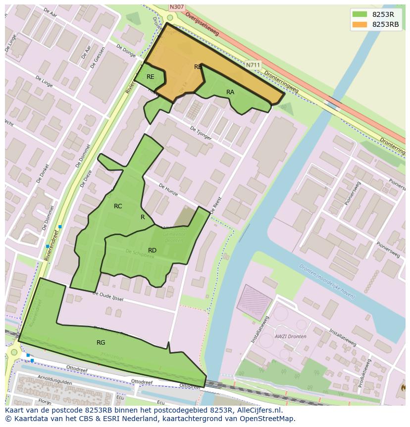 Afbeelding van het postcodegebied 8253 RB op de kaart.