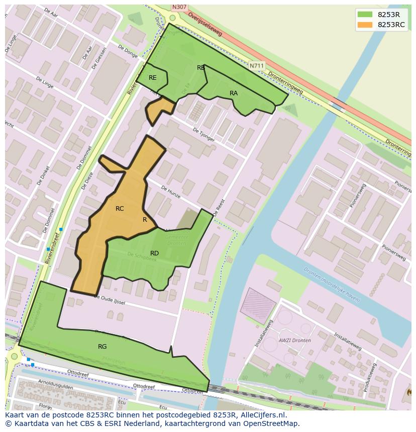 Afbeelding van het postcodegebied 8253 RC op de kaart.