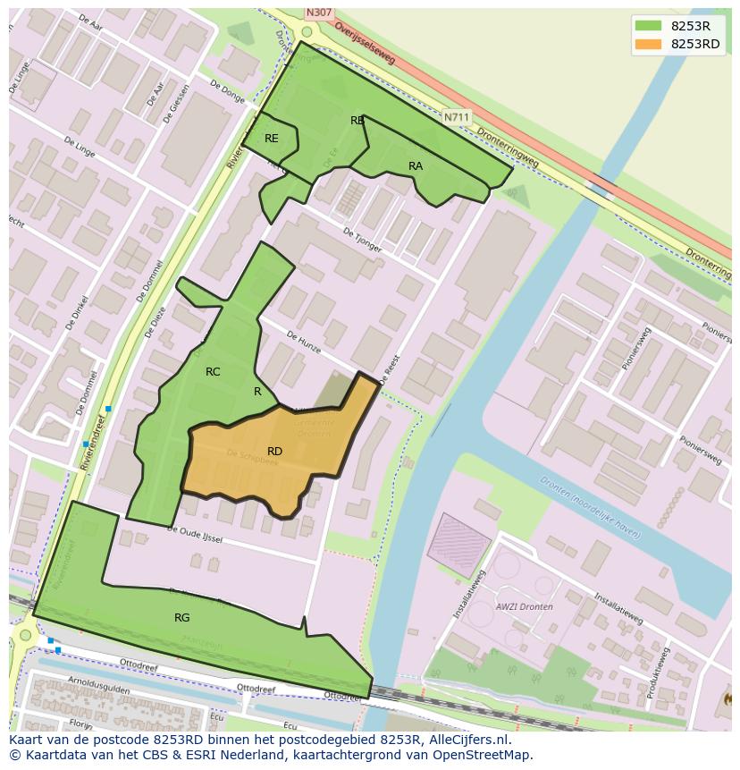 Afbeelding van het postcodegebied 8253 RD op de kaart.