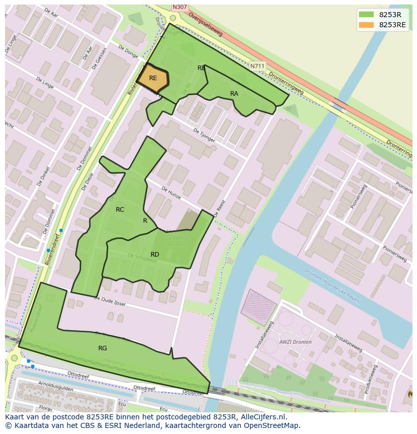 Afbeelding van het postcodegebied 8253 RE op de kaart.