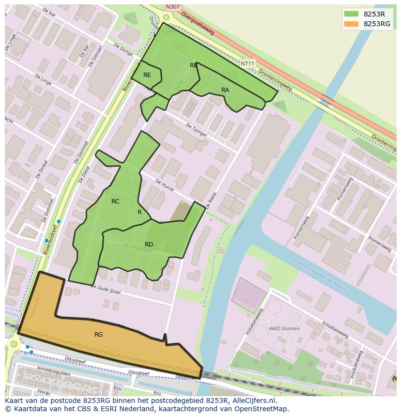 Afbeelding van het postcodegebied 8253 RG op de kaart.
