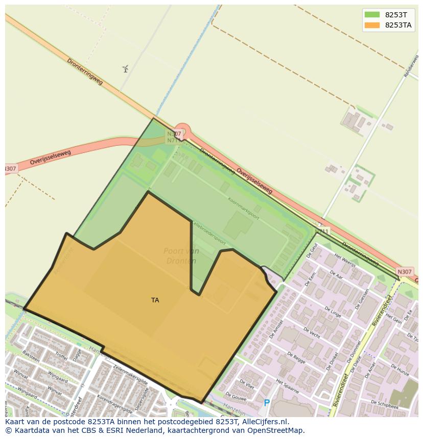 Afbeelding van het postcodegebied 8253 TA op de kaart.