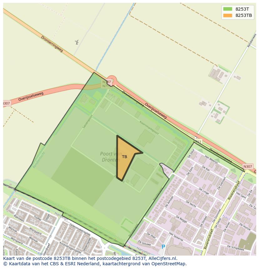 Afbeelding van het postcodegebied 8253 TB op de kaart.
