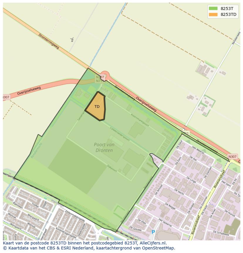 Afbeelding van het postcodegebied 8253 TD op de kaart.