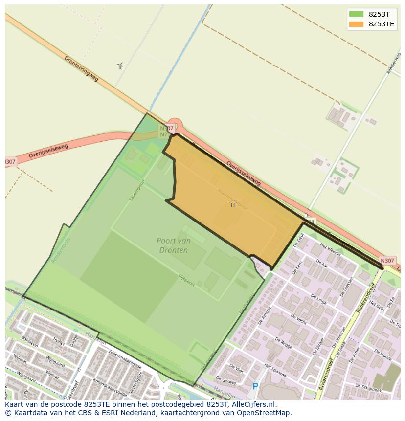 Afbeelding van het postcodegebied 8253 TE op de kaart.