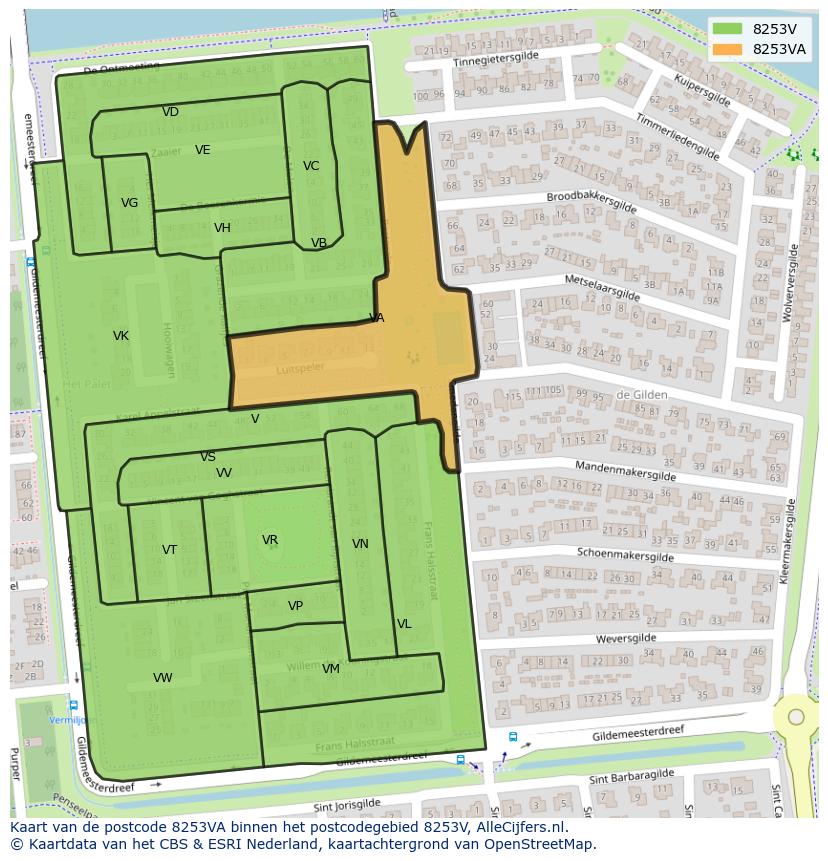 Afbeelding van het postcodegebied 8253 VA op de kaart.