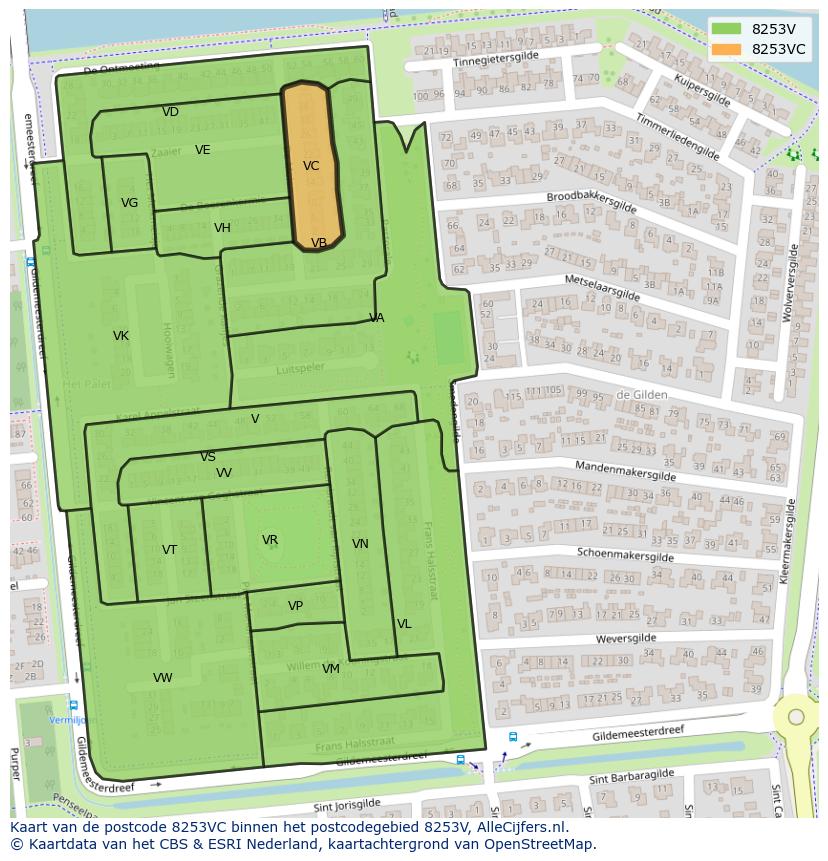 Afbeelding van het postcodegebied 8253 VC op de kaart.