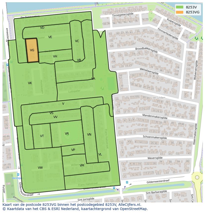 Afbeelding van het postcodegebied 8253 VG op de kaart.