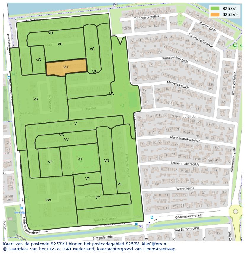 Afbeelding van het postcodegebied 8253 VH op de kaart.