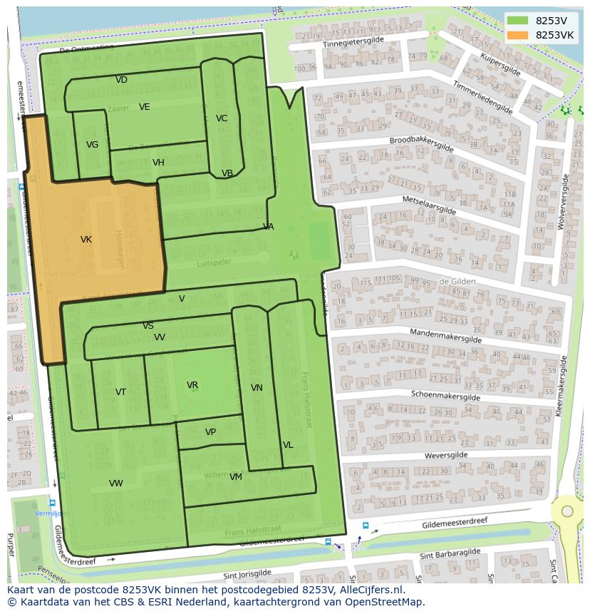 Afbeelding van het postcodegebied 8253 VK op de kaart.