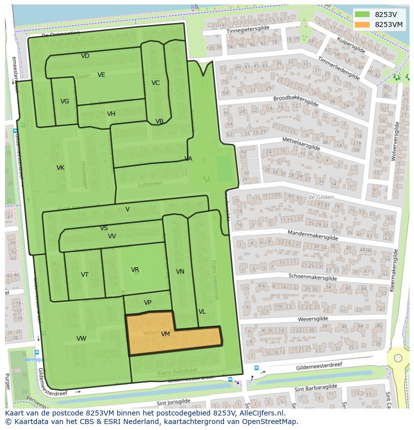 Afbeelding van het postcodegebied 8253 VM op de kaart.