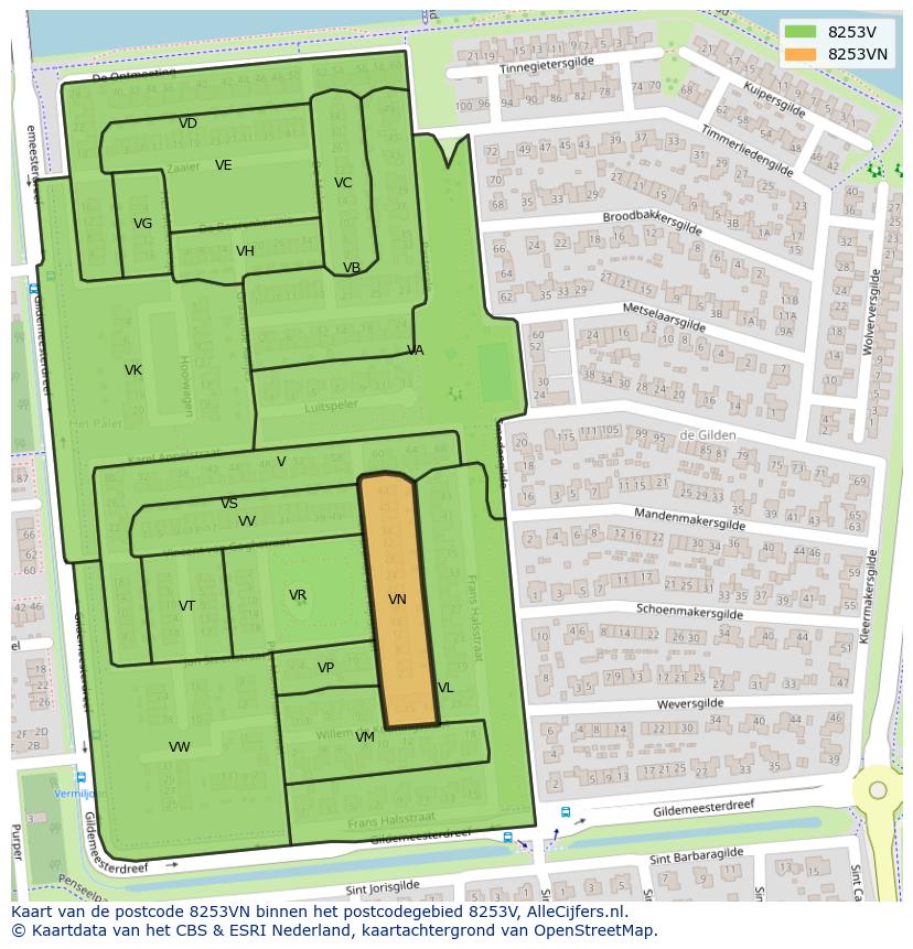 Afbeelding van het postcodegebied 8253 VN op de kaart.