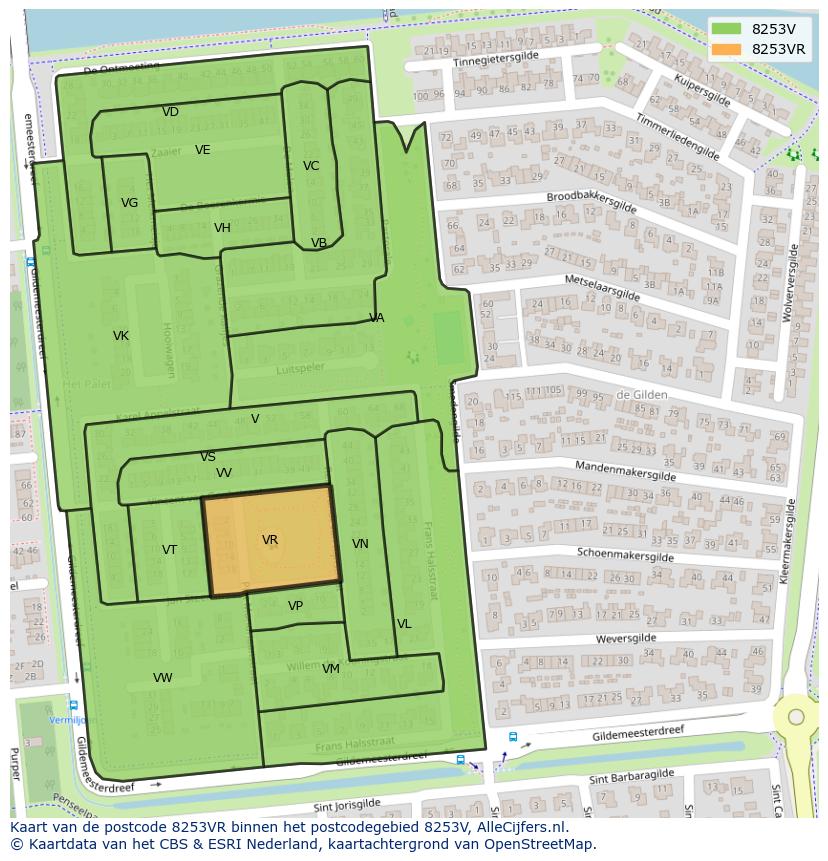 Afbeelding van het postcodegebied 8253 VR op de kaart.