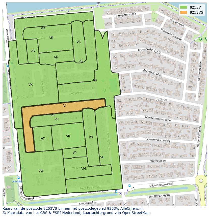 Afbeelding van het postcodegebied 8253 VS op de kaart.