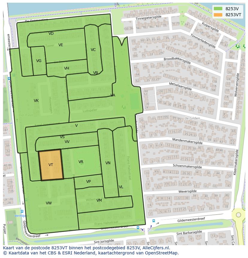 Afbeelding van het postcodegebied 8253 VT op de kaart.