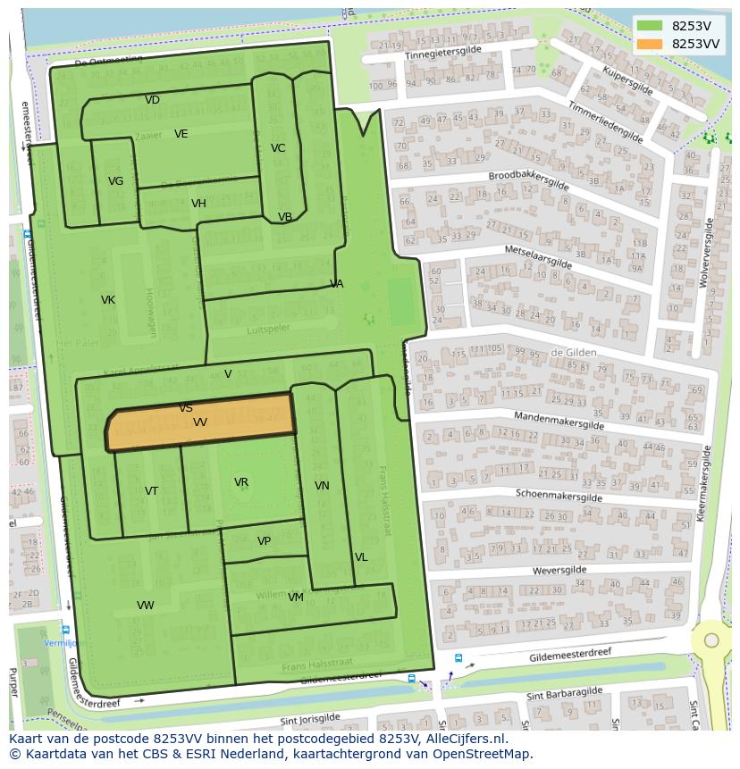 Afbeelding van het postcodegebied 8253 VV op de kaart.