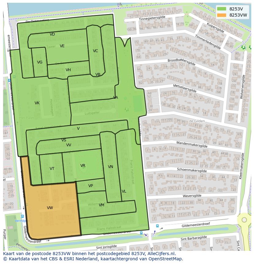 Afbeelding van het postcodegebied 8253 VW op de kaart.
