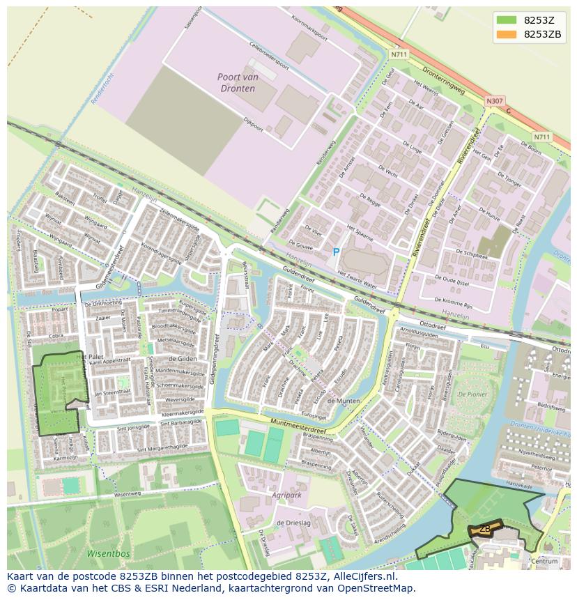 Afbeelding van het postcodegebied 8253 ZB op de kaart.