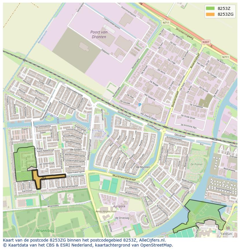 Afbeelding van het postcodegebied 8253 ZG op de kaart.