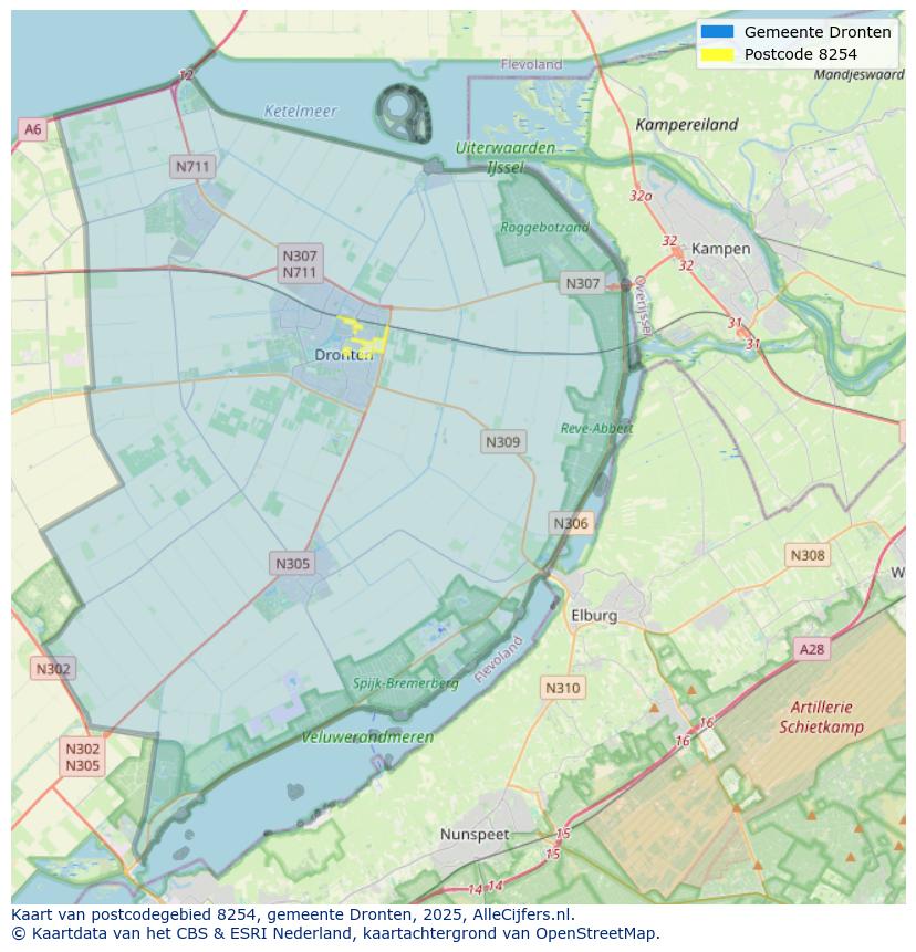 Afbeelding van het postcodegebied 8254 op de kaart.