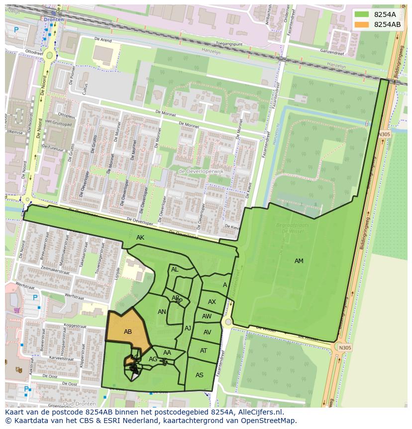 Afbeelding van het postcodegebied 8254 AB op de kaart.
