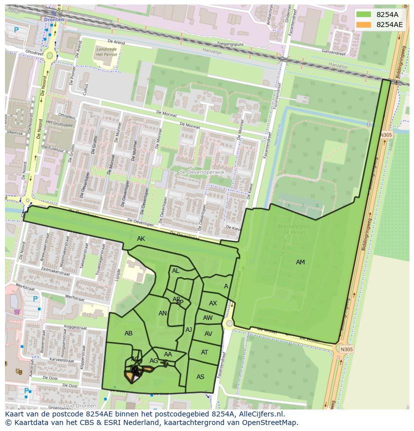 Afbeelding van het postcodegebied 8254 AE op de kaart.