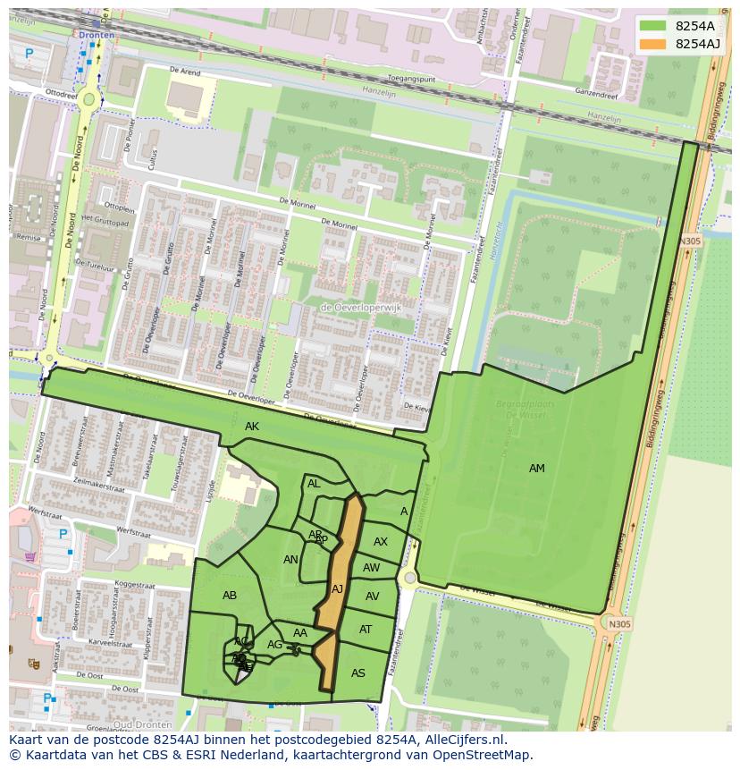 Afbeelding van het postcodegebied 8254 AJ op de kaart.