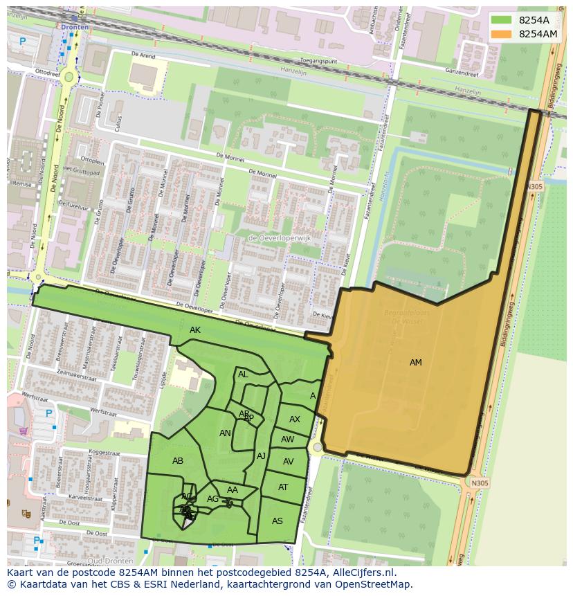 Afbeelding van het postcodegebied 8254 AM op de kaart.