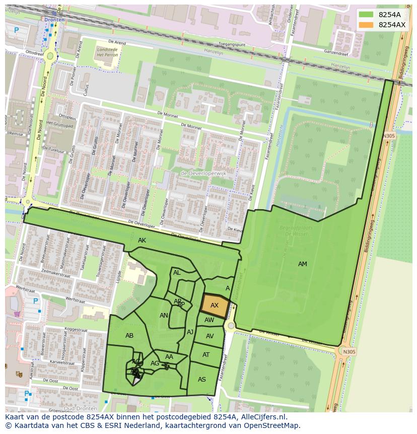 Afbeelding van het postcodegebied 8254 AX op de kaart.