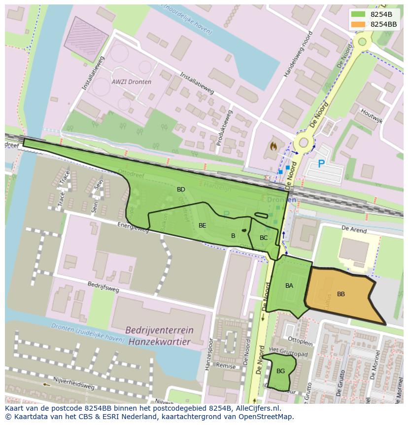 Afbeelding van het postcodegebied 8254 BB op de kaart.