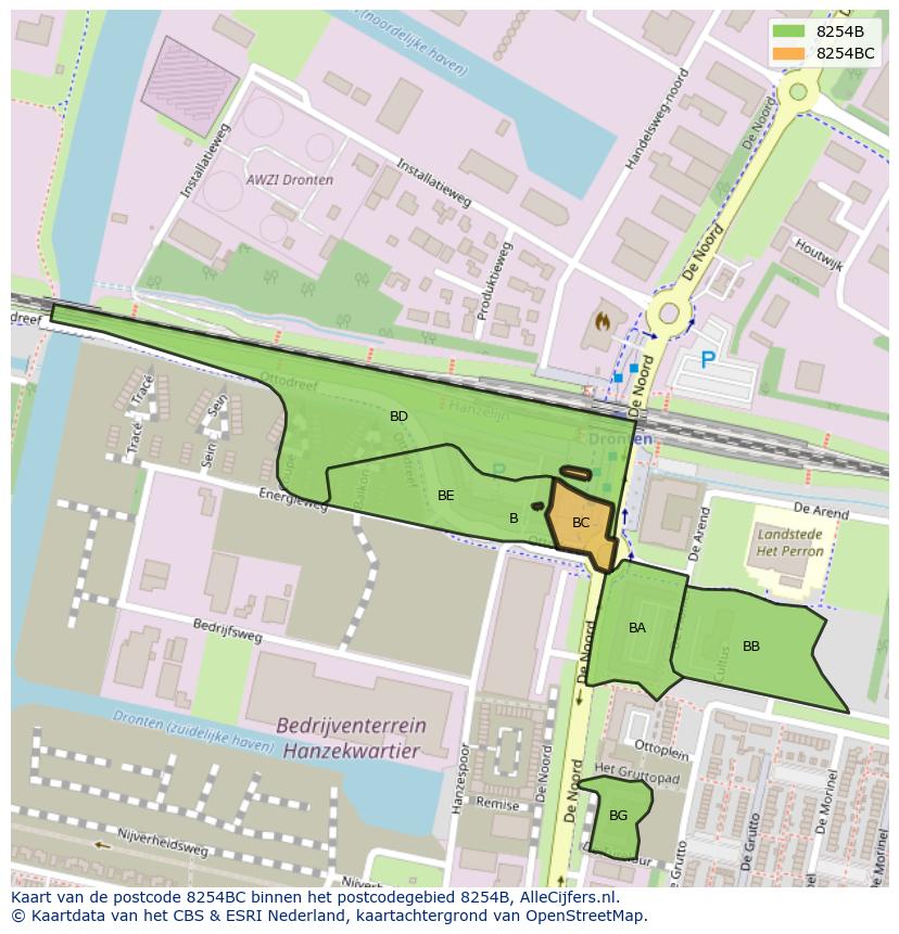 Afbeelding van het postcodegebied 8254 BC op de kaart.