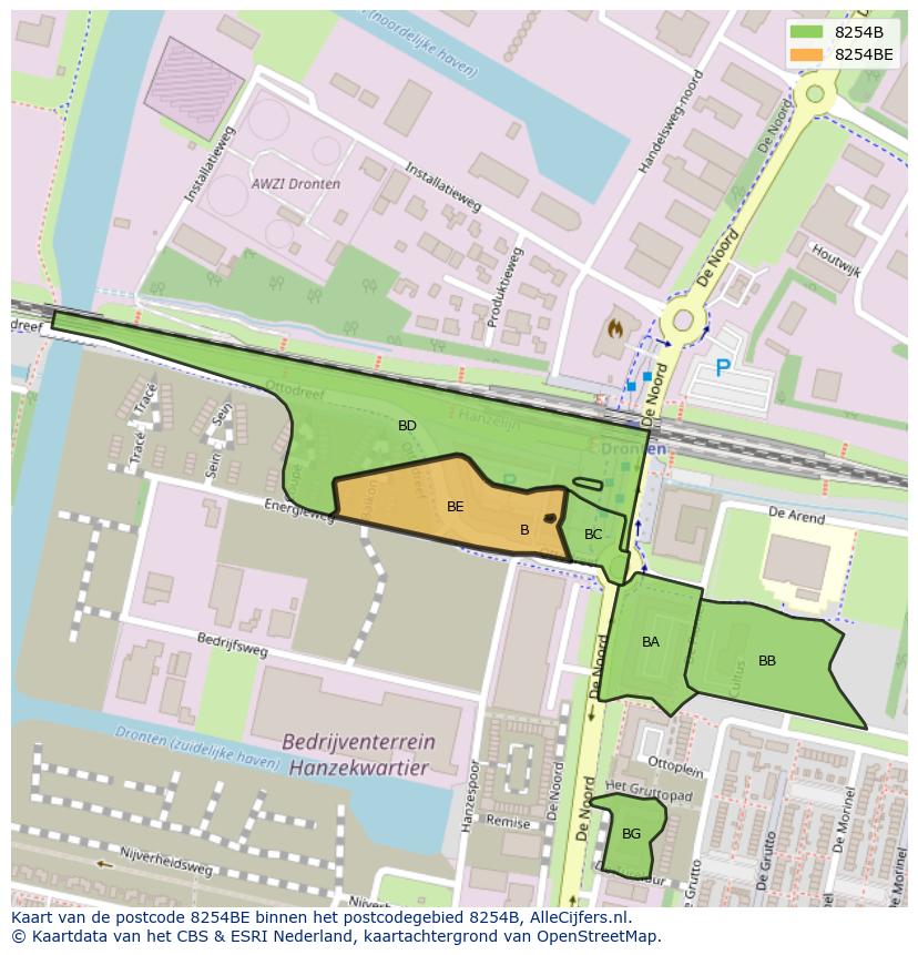 Afbeelding van het postcodegebied 8254 BE op de kaart.
