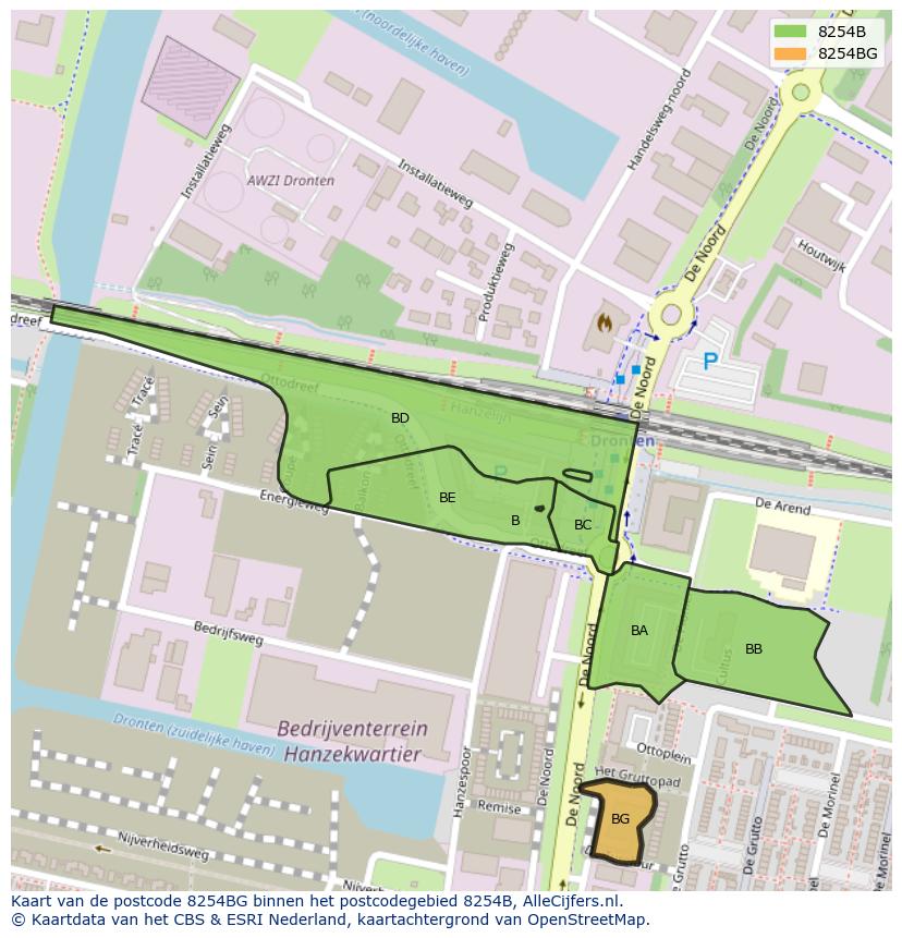 Afbeelding van het postcodegebied 8254 BG op de kaart.