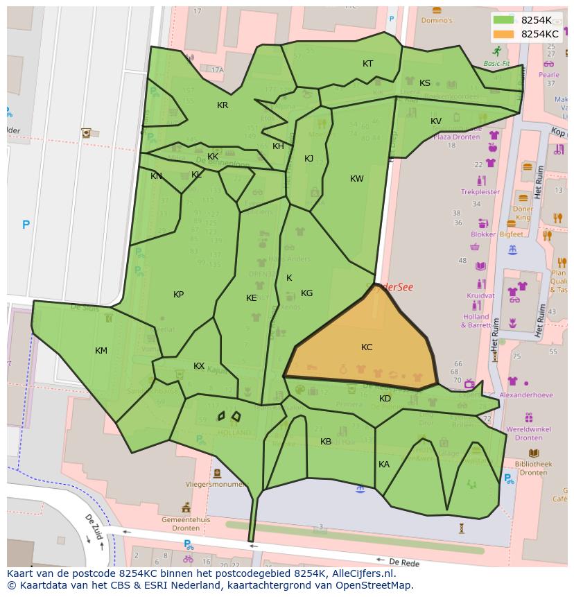 Afbeelding van het postcodegebied 8254 KC op de kaart.
