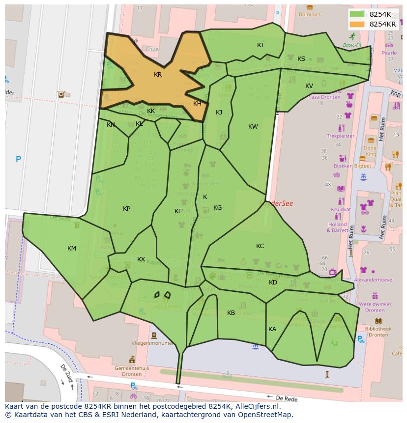 Afbeelding van het postcodegebied 8254 KR op de kaart.