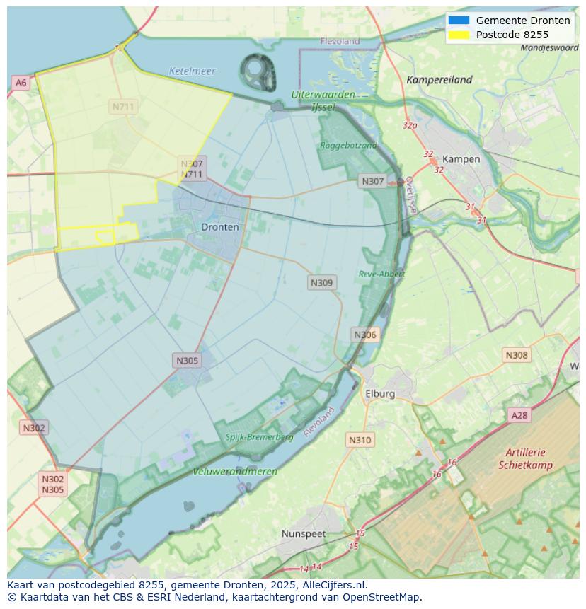 Afbeelding van het postcodegebied 8255 op de kaart.