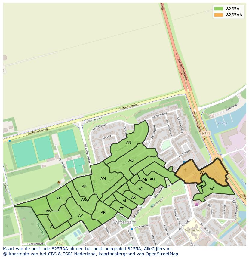 Afbeelding van het postcodegebied 8255 AA op de kaart.