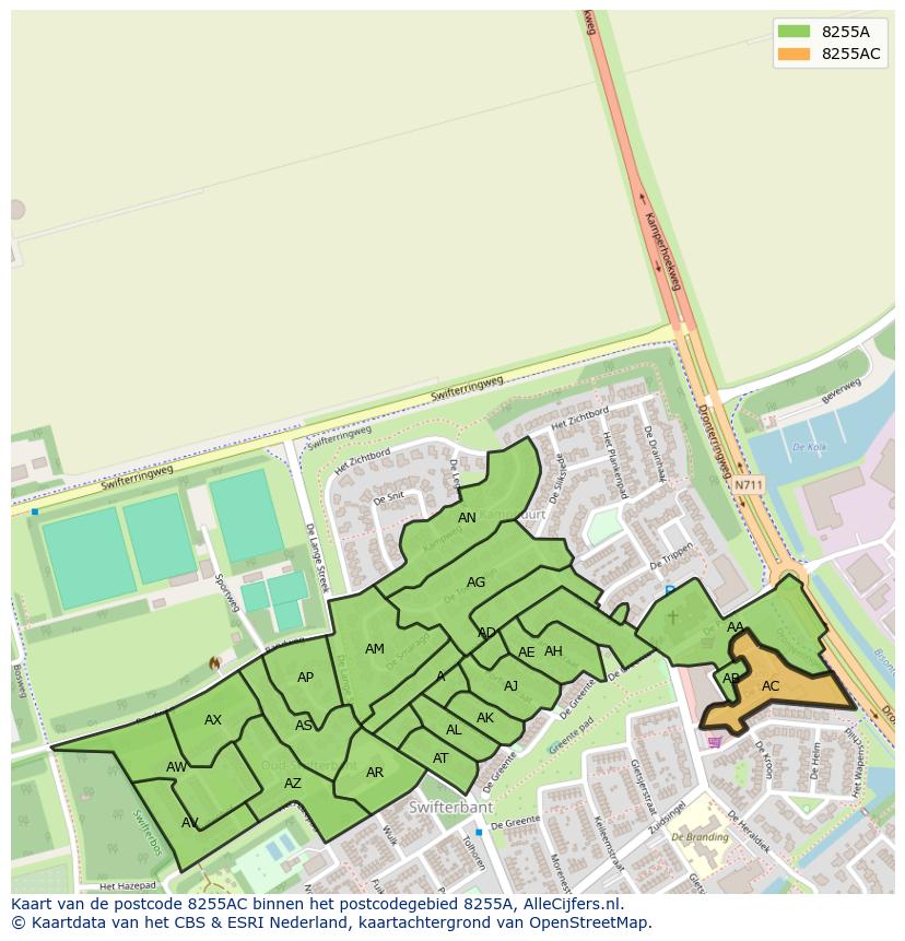 Afbeelding van het postcodegebied 8255 AC op de kaart.
