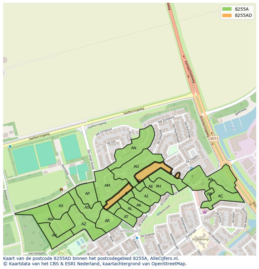 Afbeelding van het postcodegebied 8255 AD op de kaart.
