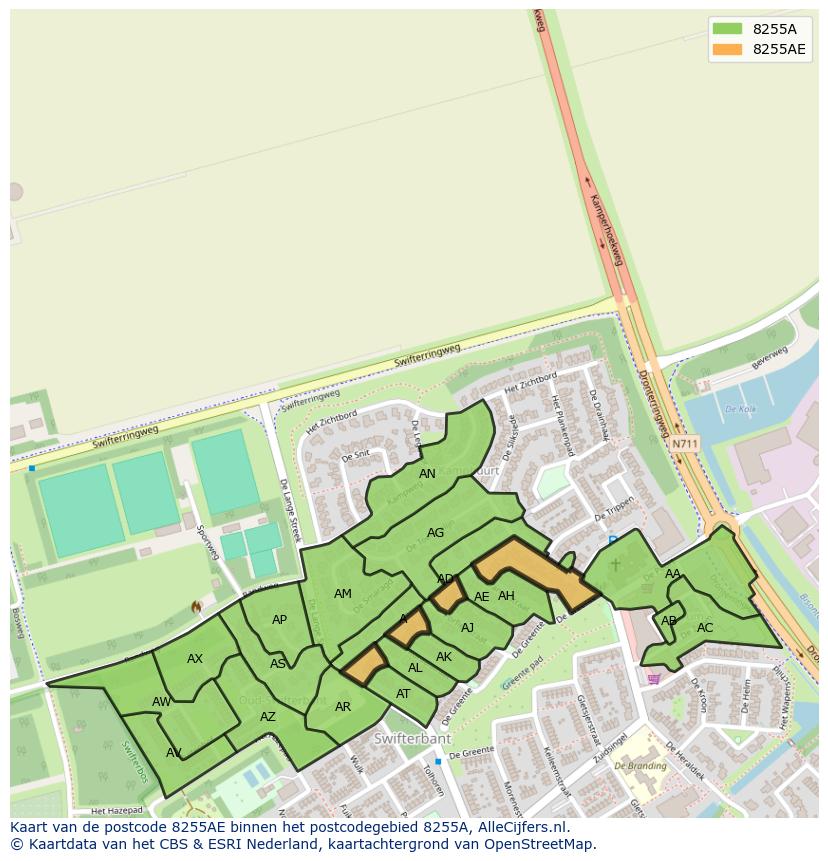 Afbeelding van het postcodegebied 8255 AE op de kaart.