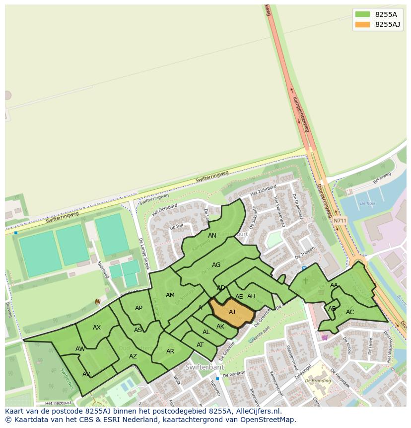 Afbeelding van het postcodegebied 8255 AJ op de kaart.