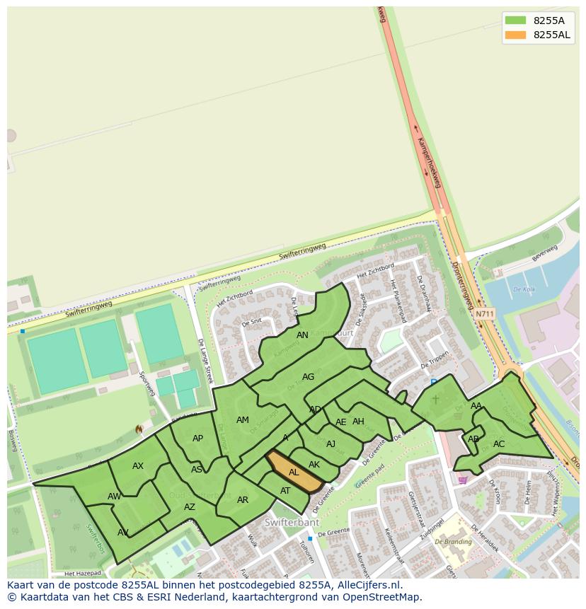 Afbeelding van het postcodegebied 8255 AL op de kaart.