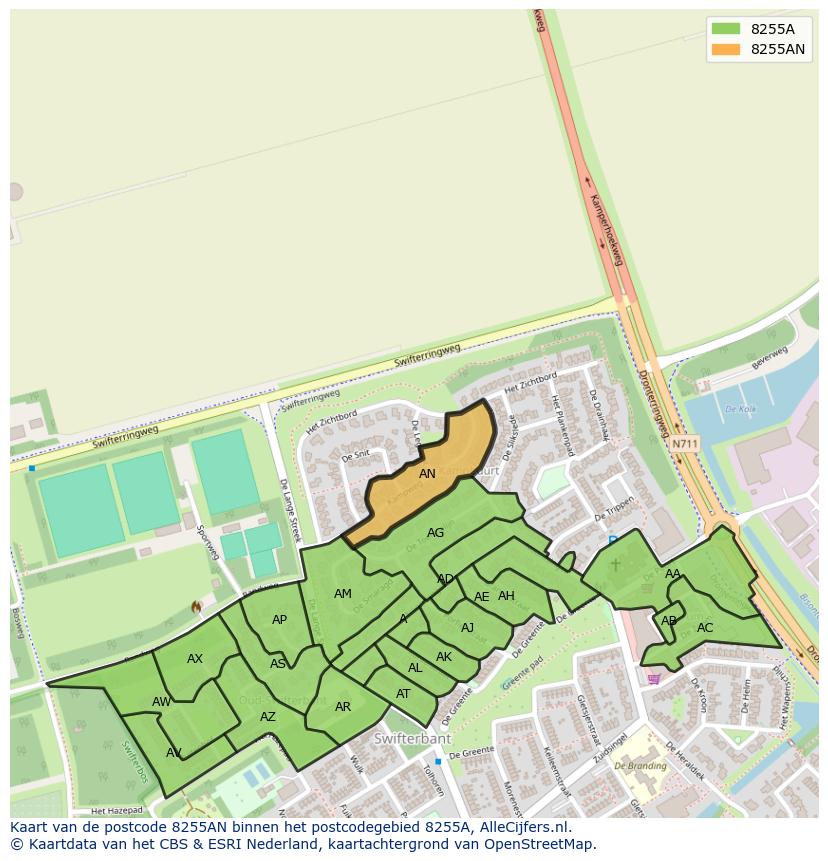 Afbeelding van het postcodegebied 8255 AN op de kaart.