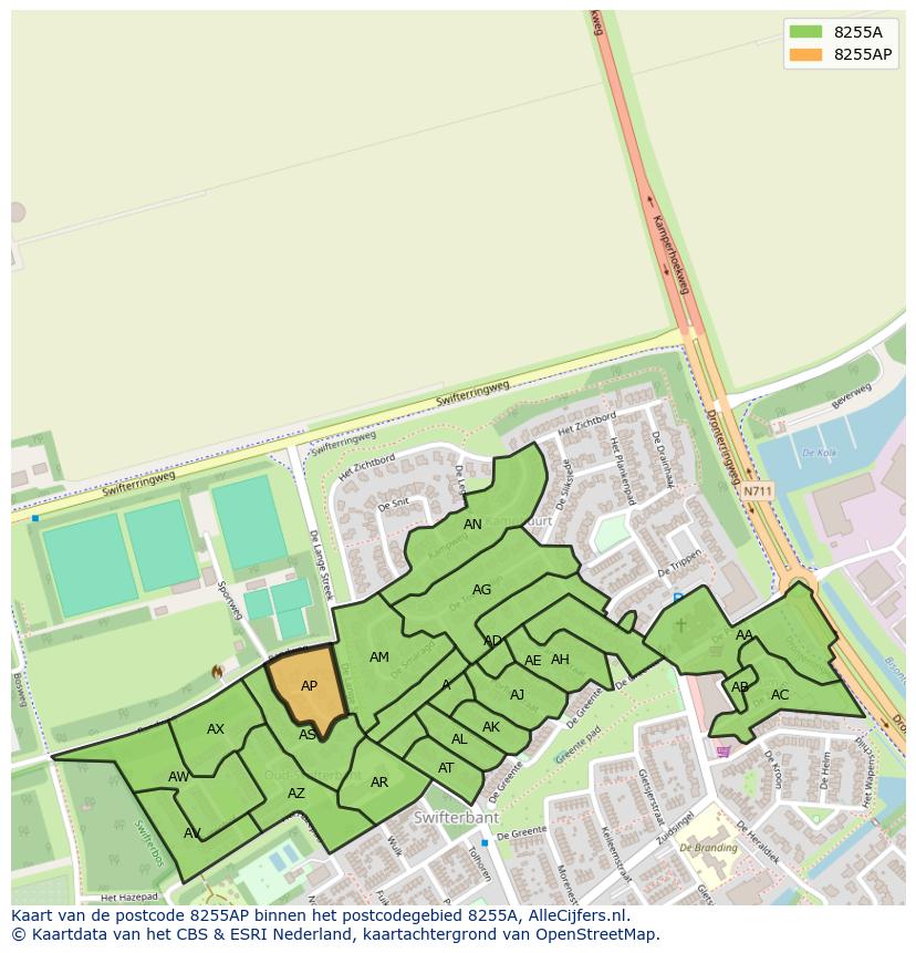 Afbeelding van het postcodegebied 8255 AP op de kaart.