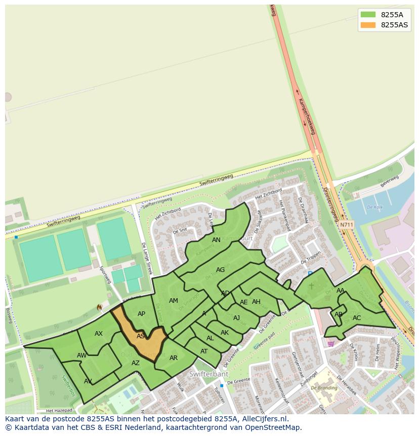 Afbeelding van het postcodegebied 8255 AS op de kaart.
