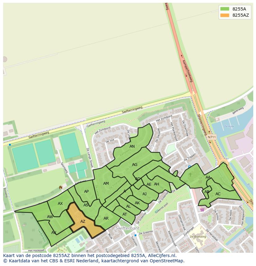 Afbeelding van het postcodegebied 8255 AZ op de kaart.