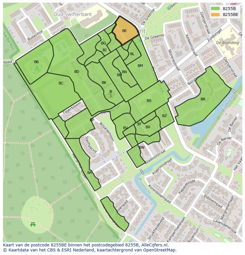 Afbeelding van het postcodegebied 8255 BE op de kaart.