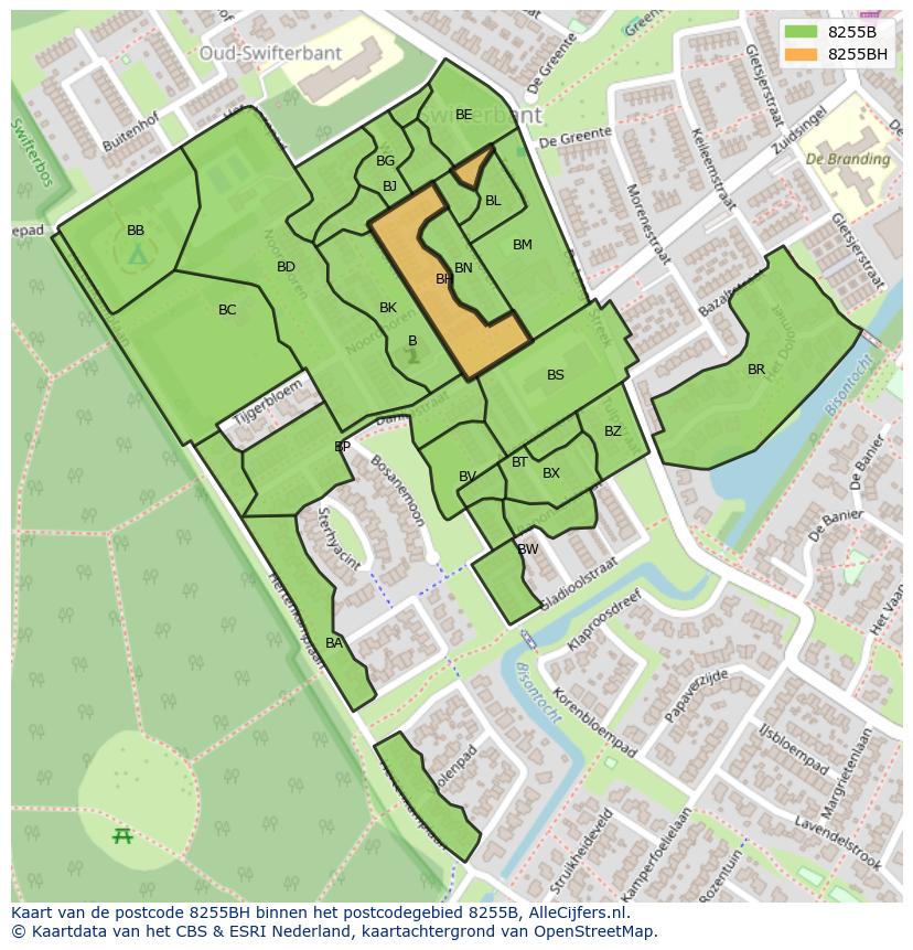 Afbeelding van het postcodegebied 8255 BH op de kaart.